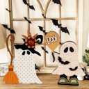 DAZONGE Halloween Decorations Indoor, 2 Pack Cute Wooden Halloween Ghost Witch Decor, Witchy Ghost with Broom & Boo Balloon Centerpieces for Party Mantel Shelf Tabletop (Orange&white)