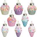 8 Pcs Christmas Tree Ice Cream Cupcake Ornaments, Glitter Macaron Color Cake Ice Cream Glass Hanging Ornaments, Pastel Color Candy Dessert Pendant Decor for Xmas Holiday Birthday Home Party Decoration
