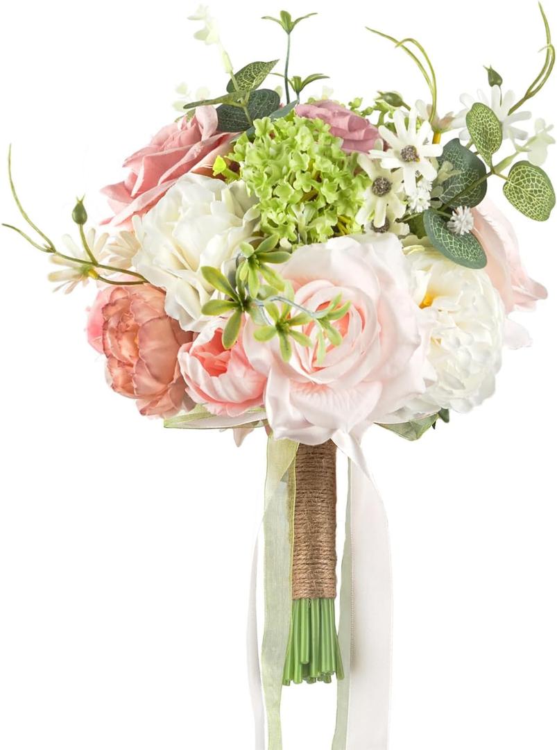 8.6in Blush Wedding Bouquets for Bride Bridesmaid, Pastel Pink White Green Bouquet Artificial Fake Silk Roses Flowers for Wedding Spring Garden Boho Rustic Decoration Toss Bouquet