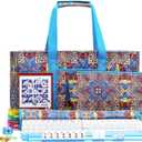 American Mahjong Tile Set with Blue Printed Carrying Bag, 166 Premium White Tiles, 4 All-in-One Color Racks/Pushers, Mah Jongg Sets, Complete Mahjong Game Set for Travel
