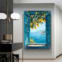 Framed Open Window Beach Canvas Wall Art Coastal Wall Decor Picture White Flowers and Butterflies Painting Artwork Fake Window Wall Art Horizontal Nature Landscape Seaside Summer Print for Home Decoration (E, 16x24inch(40x60cm), Framed)