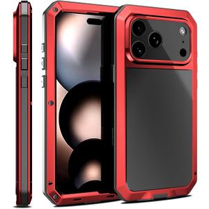 Armor Metal Case for iPhone 17 Pro Max with Tempered Glass Screen Protector, Heavy Duty Military Grade, Shockproof Dustproof Water Resistant Camera Protection Silicone Back Full Body Case Red