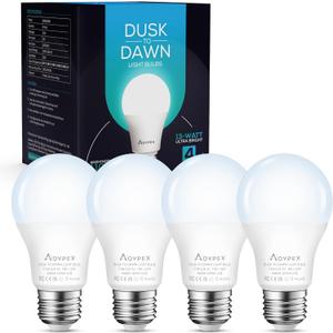 4 Pack Dusk to Dawn Light Bulbs Outdoor 100W Equivalent, Automatic On/Off Sensor LED Light Bulb, 13W Daylight 6000K, 1100 Lumen, A19 E26 Bulbs Photocell for Wall lamp Porch Garage Yard Light