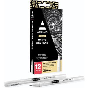 ARTEZA White Gel Pens Set, Pack of 12, White Rollerball Pens for Drawing and Writing, White Gel Pens for Artists