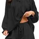 KFUBUO Women 2 Piece Pajamas Set Bridesmaid Shorts Pjs Ruffle Long Sleeve Bride Getting Ready Outfits 2025 Fall Loungewear Black Size L