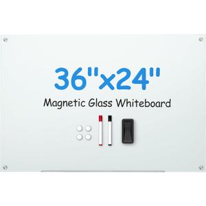 VUSIGN Glass Whiteboard 36" x 24" Magnetic Dry Erase for Office, School, Home, Frameless Mounting, Includes 4 Magnets, 2 Markers and 1 Erasers