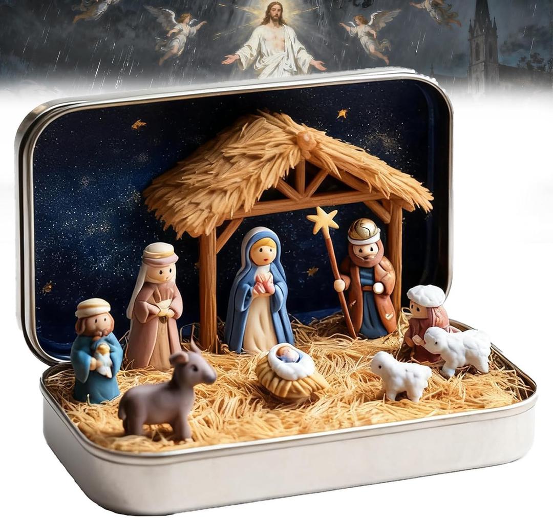 Touchfutrue Tiny Christmas Nativity Set, Pocket-Sized Nativity Scene Gift Box, Resin Nativity Set with Figurines, Christmas Decoration, Home Gift Decoration