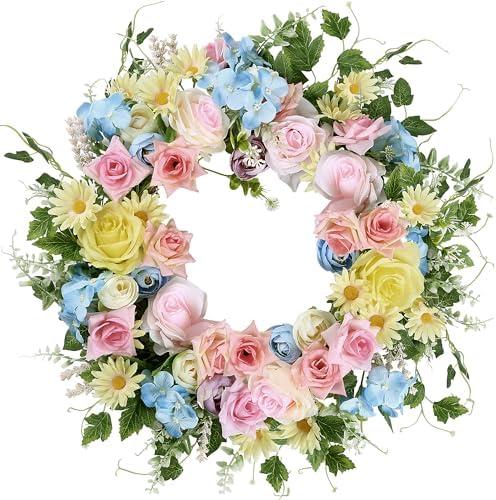 Sggvecsy 20 Inch Spring Wreath with Artificial Flower Colorful Roses Daisies Hydrangea Eucalyptus Floral Wreath for Easter Front Door Easter Summer Farmhouse Wall Home Window Decor