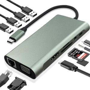 USB C Hub 11-in-1 Docking Station, Type-C Multiport Adapter with 4K HDMI, VGA, 100W PD, USB 3.0, RJ45 Ethernet, SD/TF Card Reader, AUX, Compatible with MacBook Pro/Air, Chromebook, Laptops