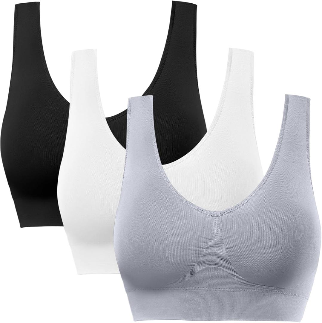 BESTENA Sports Bras for Women, Seamless Comfortable Yoga Bra with Removable Pads (XX-Large, 04-3 Pack Black White Grey)
