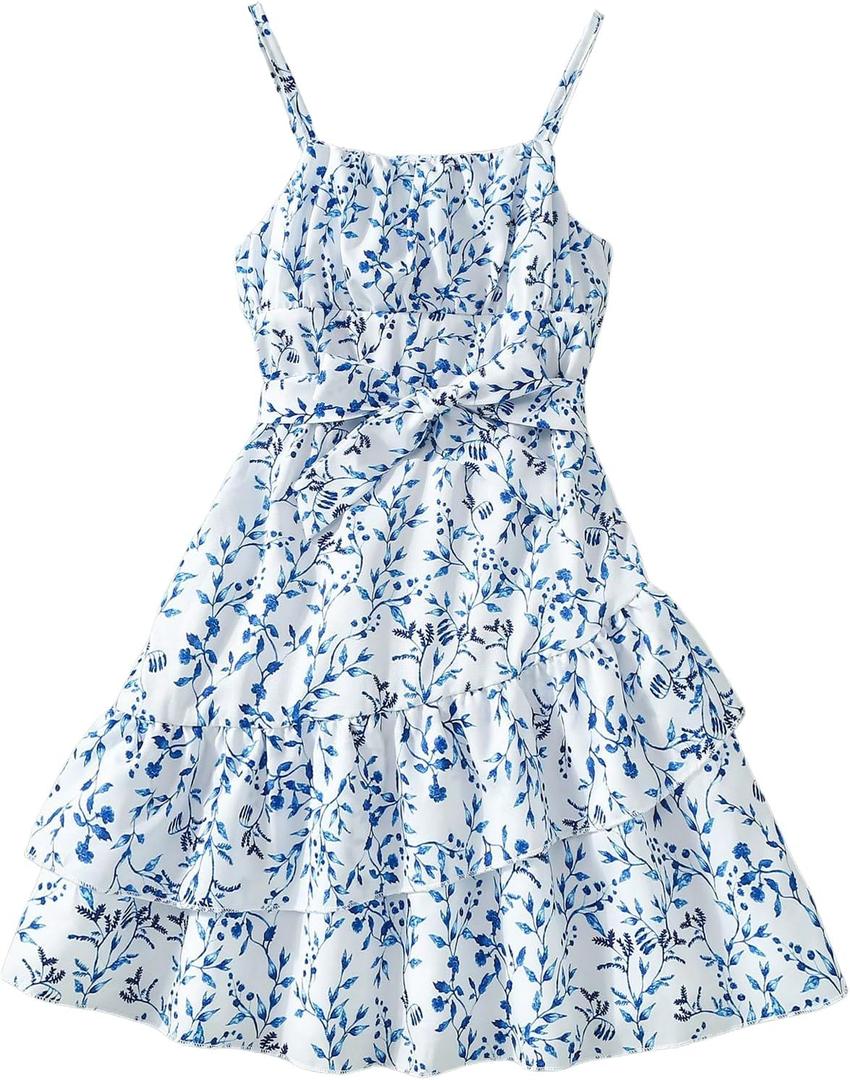 GORGLITTER Girl's Dress Floral Layered Ruffle Cami Dress Spaghetti Strap Cute Bow Boho Belted Dresses (Blue, 10Y)