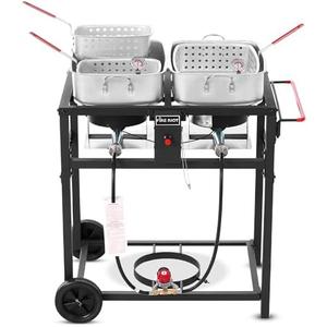 Fire Riot Deep Fryer with Double Burner Propane Stove Outdoor - 2-18QT Aluminum Pots & Frying Baskets- Perfect for fish fryers, Wings, Fries, Cajun Fry