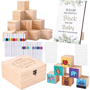 78 Pcs Baby Shower Blocks Game Kit with 50 Blank Wooden Blocks for Guests to Decorate, 24 Acrylic Markers & Guide Sign and Wooden Box for Baby Shower Activities Gender Reveal Party Decorations