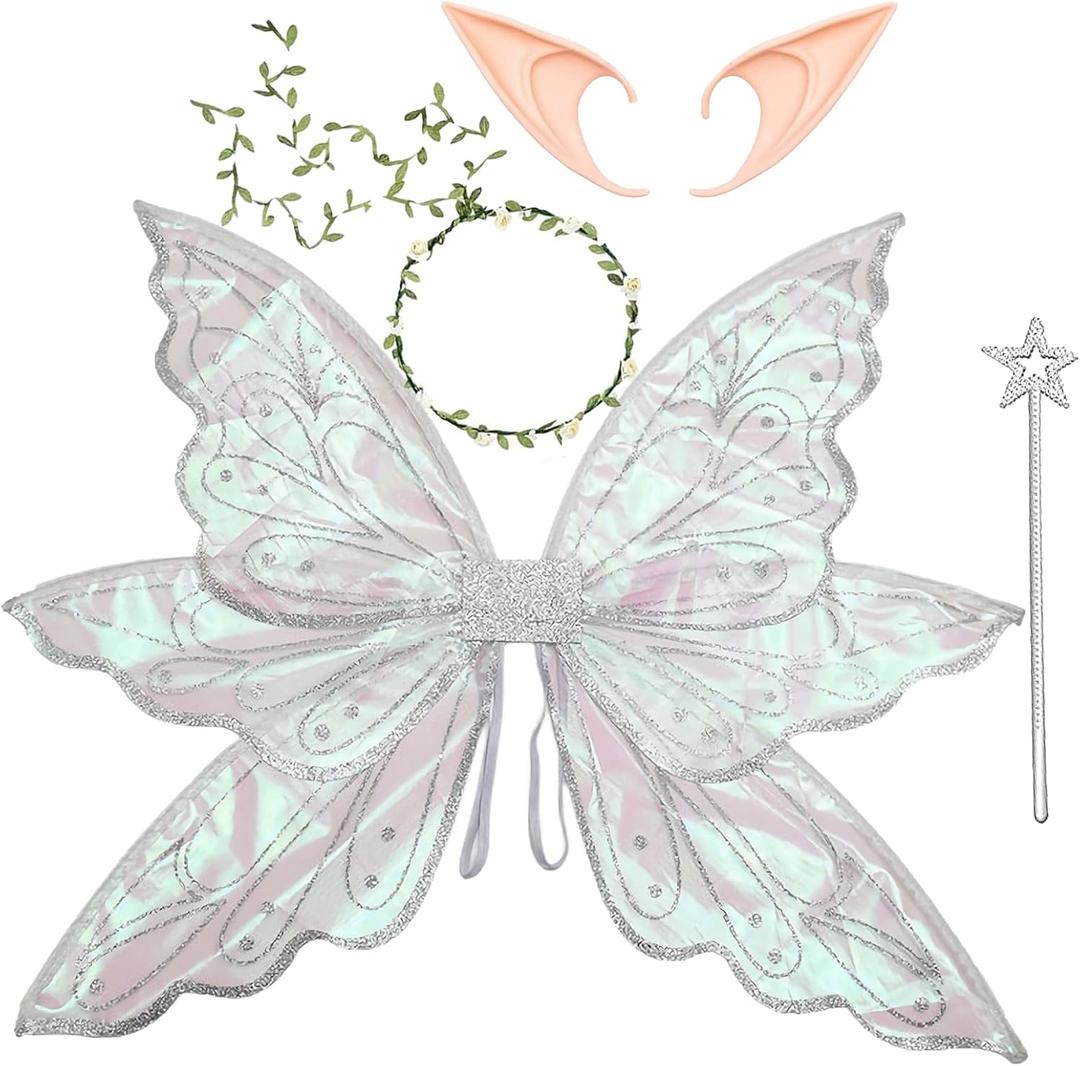 Large Gold Fairy Wings for Adults Dress Up Sparkling Sheer Wings Butterfly Fairy Halloween Costume Angel Wings for Women (Silver, Multicolor)