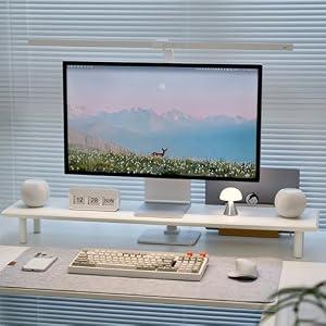 ROCDEER Bamboo Dual Monitor Stand Riser, White Desk Shelf with Storage