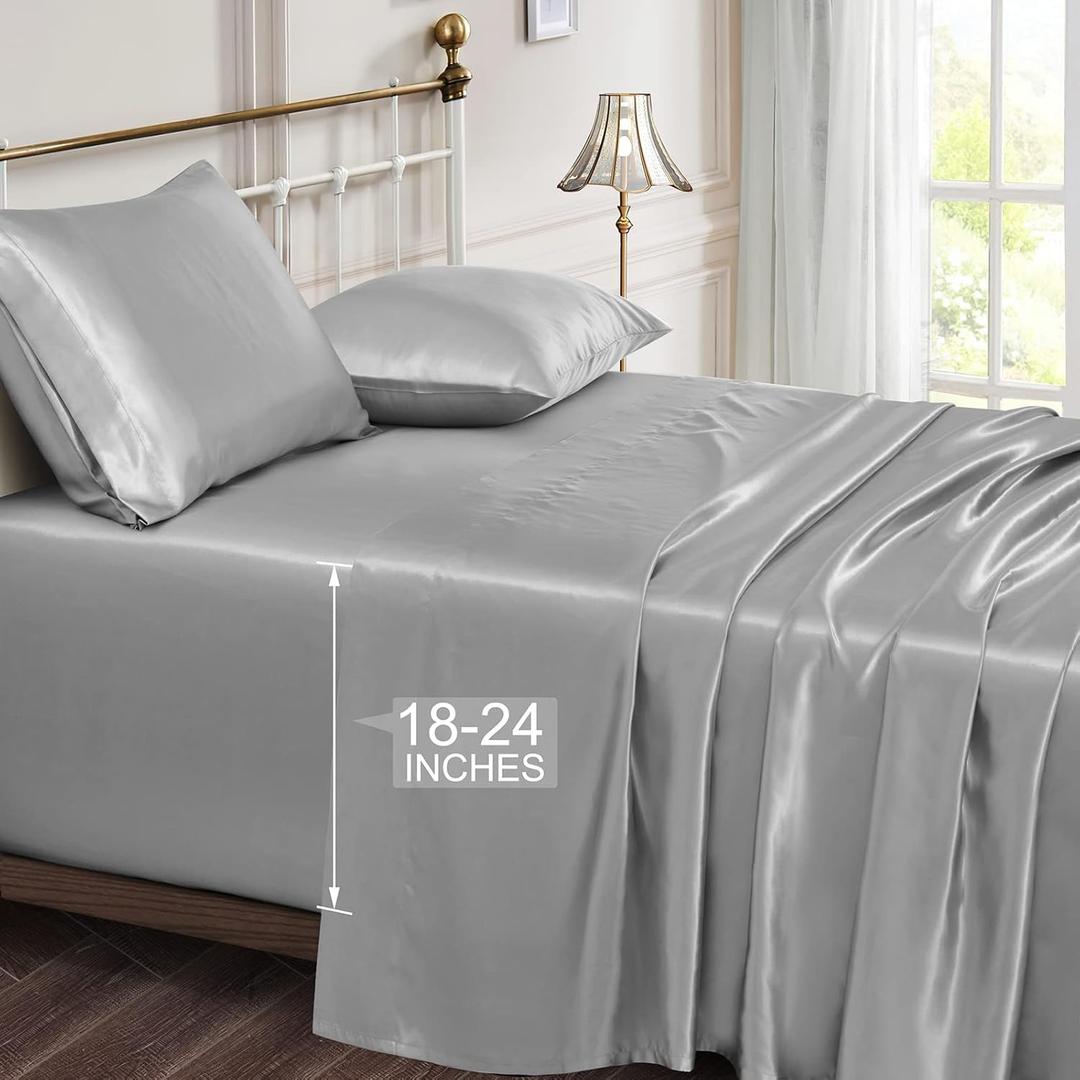 Vonty Satin Sheets Extra Deep Pocket King Size Sheets - Cooling & Silky Satin King Sheets Set with 18-24 Inch Deep Pocket, Silver Grey Satin Bed Sheets Fit Up to 24" Deep Matress - 4 Piece