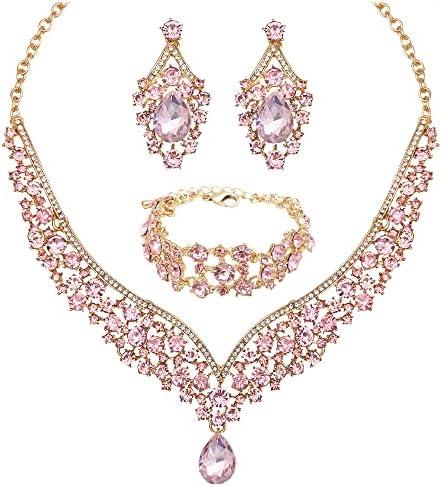 chaoyite Women's Statement Necklace Earrings Link Bracelet Set for Bride Austrian Crystal Wedding Bridal Costume Jewelry Sets