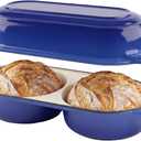 Double Dutch Oven Pot with Lid, 2.2QT Enameled Cast Iron Bread Loaf Pan, Mini Dutch Oven For Sourdough Bread Baking, 500F Oven Safe Non Stick Dual Round Bread Pan, Bread Oven, 16.5cm Diameter, Blue