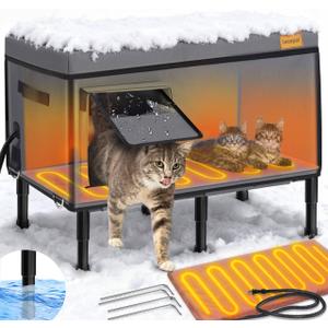 100% Weatherproof Large Heated Cat House for Outside Cat with Cozy Cushion,Indestructible Outdoor Cat House in Winter, Foil Insulated Pet Shelter for Outside Barn Feral Stray Cat (L-25.6''L x 21.6''W x 13.8''H, Grey)