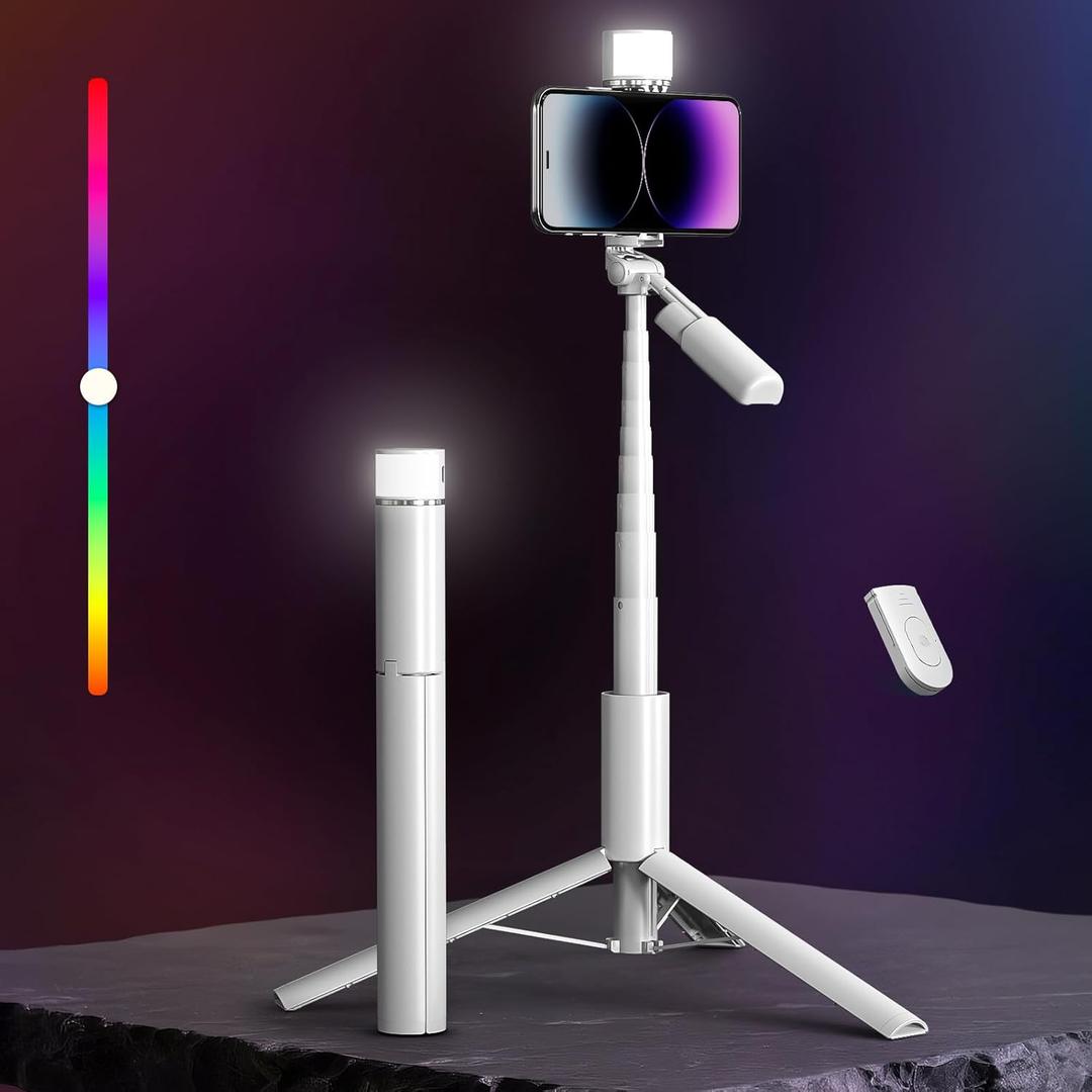 50'' Phone Tripod with Remote, Tripod for iPhone, 6 in 1 Selfie Stick with Light & Holder, Extendable Cell Phone Stand for Video Recording (White)