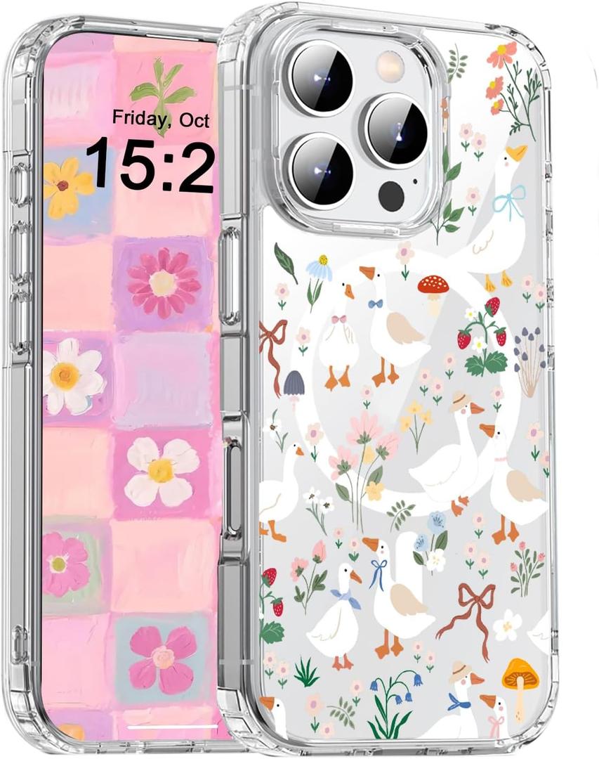Magnetic for iPhone 16 Pro, Compatible with Magsafe, Cute Goose Phone Case Clear Shockproof Protective Cover for Women Girls