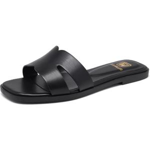 Women's Flat Sandals Dressy Comfortable Slide Sandals Fashion Square Open Toe Slip On Beach Sandals for Summer (8, Black)
