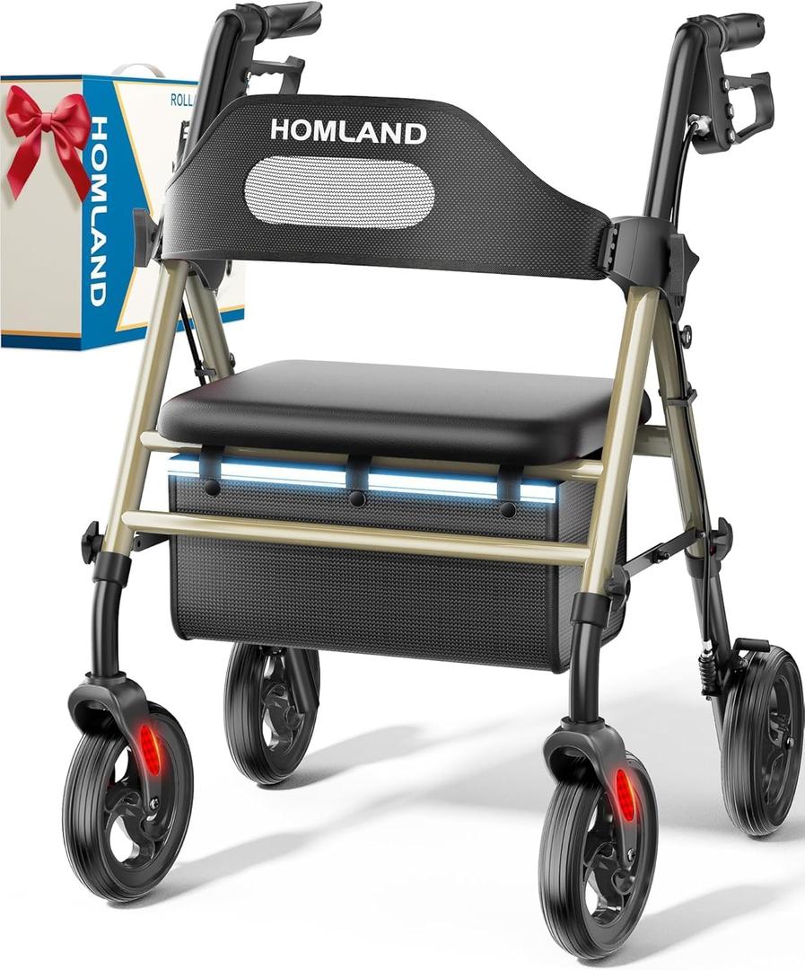 HOMLAND Foldable Rollator Walkers with Seat for Seniors, 8'' Big Wheels, 350 lb. Weight Capacity, Adjustable Handles and Seat Height, Lightweight Rolling Walker, Champagne Gold
