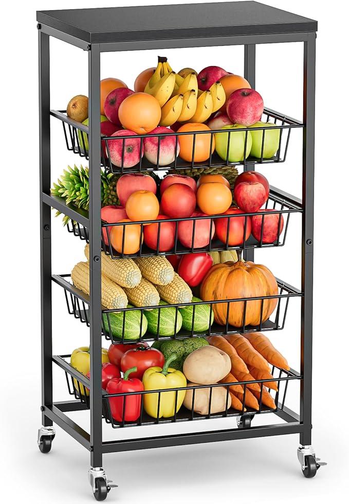 Venkuber Snack Cart, 5Tier Kitchen Carts on Wheels with Storage,Fruit Basket Stand with PullOut Baskets and Wood Top,Kitchen Organizer for Fruit Vegetable Snack (Black)