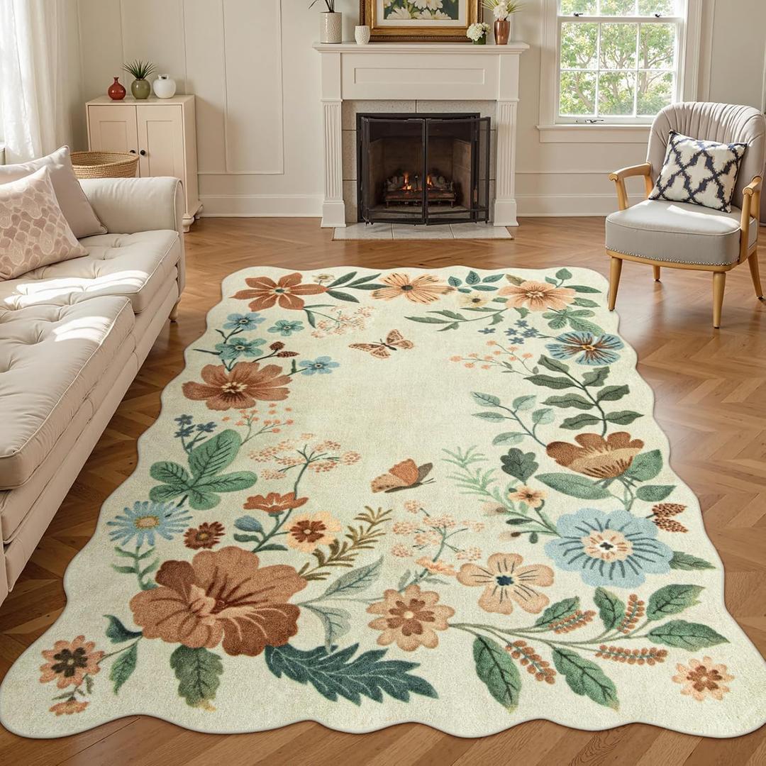 Lahome Floral Living Room Rug, 5x7 Rugs for Bedroom Ultra-Thin Soft Washable Dining Room Rug, Non Slip Stain Resistant Boho Low-Pile Throw Carpet for Office Flore (5x7ft,Beige)