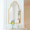 Chende Gold Bathroom Mirror with Wooden Frame, 36"X24" Arched Mirror for Living Room Decor, Modern Scalloped Mirror for Entryway, Dining Room, Bedroom