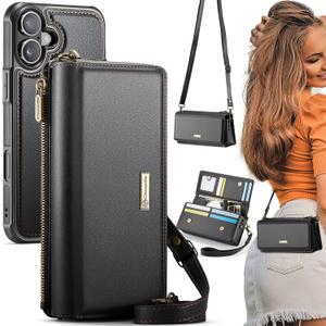 CaseMe 2-in-1 Detachable for iPhone 16 Crossbody Wallet Case with RFID Blocking 10-Card Holder for Woman, PU Leather Wrist Strap Zipper Handbag Purse Wallet Phone Case for iPhone 16 6.1", Black
