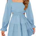 Haloumoning Girls Dresses Long Sleeve Square Neck Crossover Waist Casual A-Line Spring Fall Dress 5-14Y