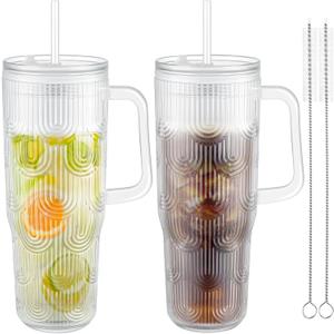 NiHome 2PCS 32oz Plastic Tumblers with Lids & Straws, Double-Wall Insulated Cups with Leak-Proof Screw-On Lids, Travel Mugs for Cold Drinks, Iced Coffee, Water, School, Office, On-the-Go (Clear)