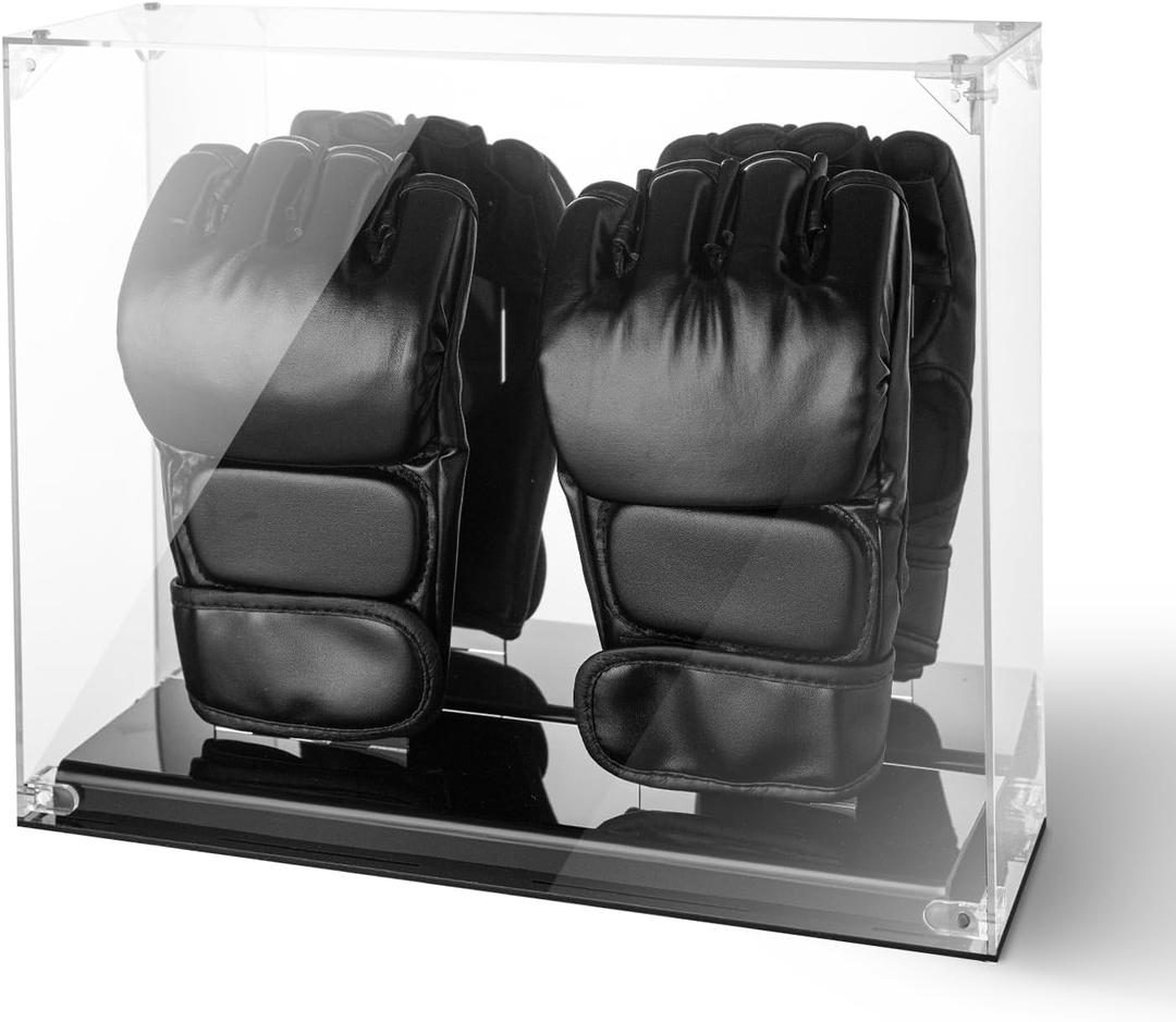 MMA Glove Display Case with Mirror Back, 2 Glove Holder, Acrylic Kickboxing Sparring Glove Half Finger Boxing Glove Display Case with Solid Base Stand, Watch The Video to Assemble