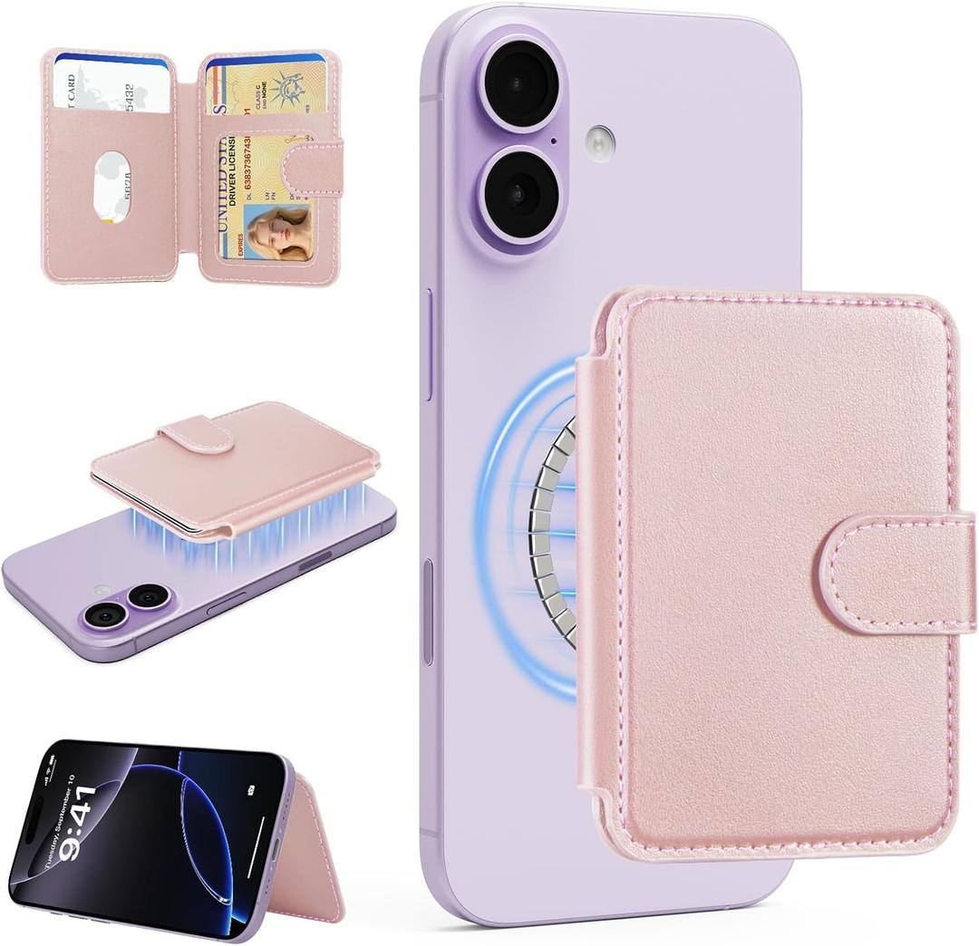TopMade for Magsafe Wallet, Strongest Magnetic Card Holder for iPhone 17/16/15/14/13/12 Series, Slim Magnetic Phone Wallet, 4 Cards Holder, Vegan Leather, RFID Blocking, Open ID Window, Pink