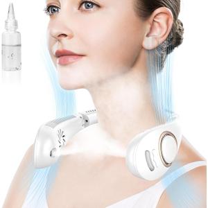 Neck Fans that Blow Cold Air,Misting Neck Fan Rechargeable Battery Powered,Foldable Leafless Hands Free USB Chargable Cooler,Slient Mini Head Unit Water Mister Sprays for Travel Camping Outdoor White