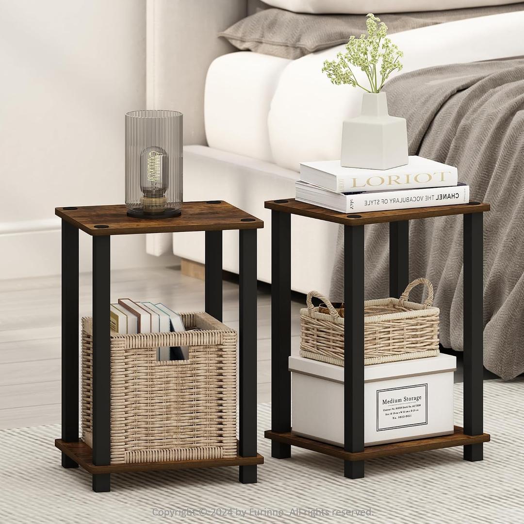 Furinno Simplistic Night Stand Set of 2, 2-Tier Small Nightstand with Open Shelf, Toolless Bedside Table, End Table, Side Table, for Bedroom, Closet, Dorm, Amber Pine, 2-Tier, Square Tubes
