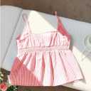 Women's Striped Button Front Flared Camisole Tops Shirred Spaghetti Strap Tank Top (Pink, M)