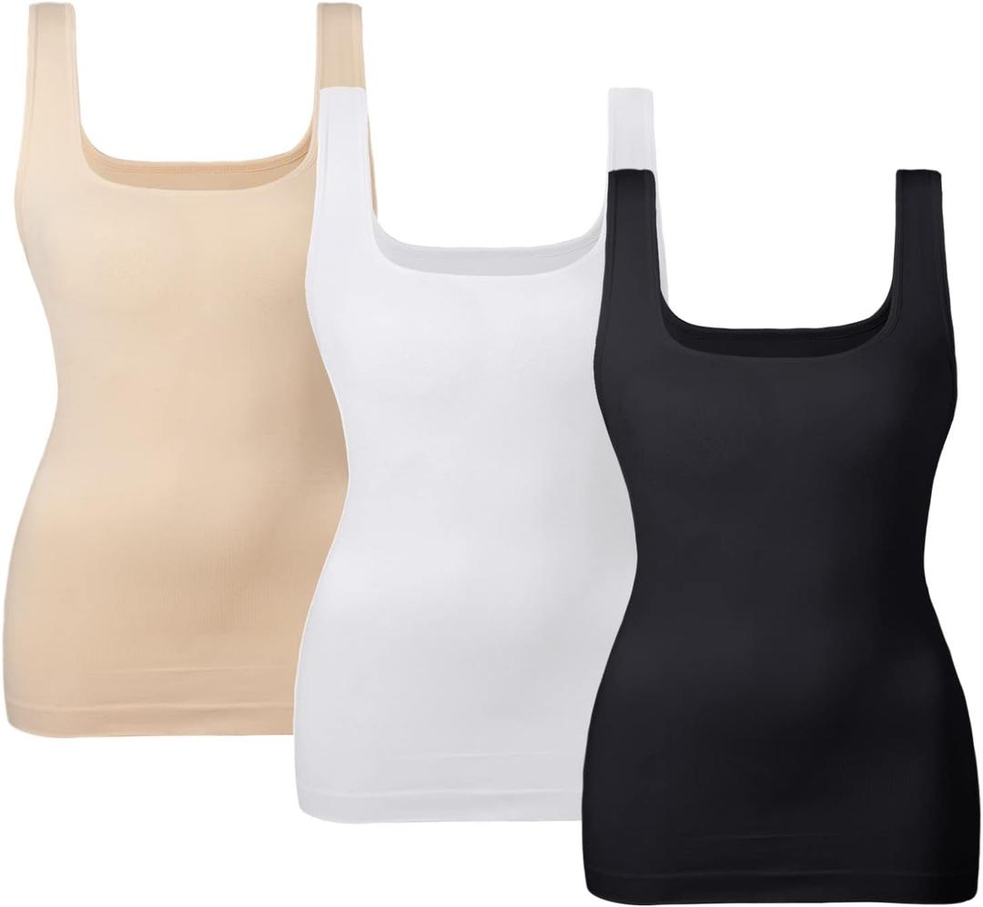 EUYZOU Women's Tummy Control Shapewear Tank Tops Seamless Square Neck Compression Tops Slimming Body Shaper Camisole (Medium, Black/White/Nude 3pk)