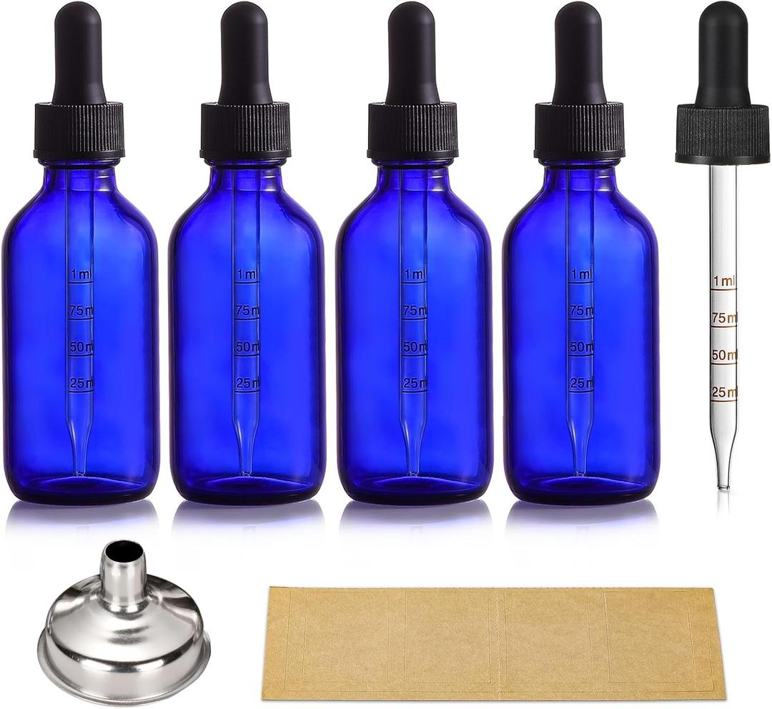 4 Pack 2 oz Glass Dropper Bottles with Measured Dropper - 60ml Dark Blue Tincture Bottles with Calibrated Glass Eye Droppers (1ml) - Leakproof Essential Oils Bottles for Health, Personal Care & Beauty
