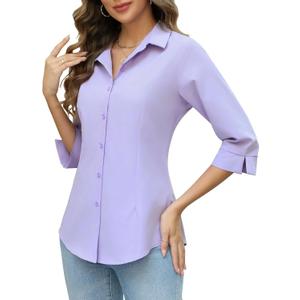 HOTOUCH Women Button Down Shirts 3/4 Sleeve Basic Business Dress Shirt Slim Fitted Classic V Neck Button Up Work Blouse Tops (Medium, Purple)