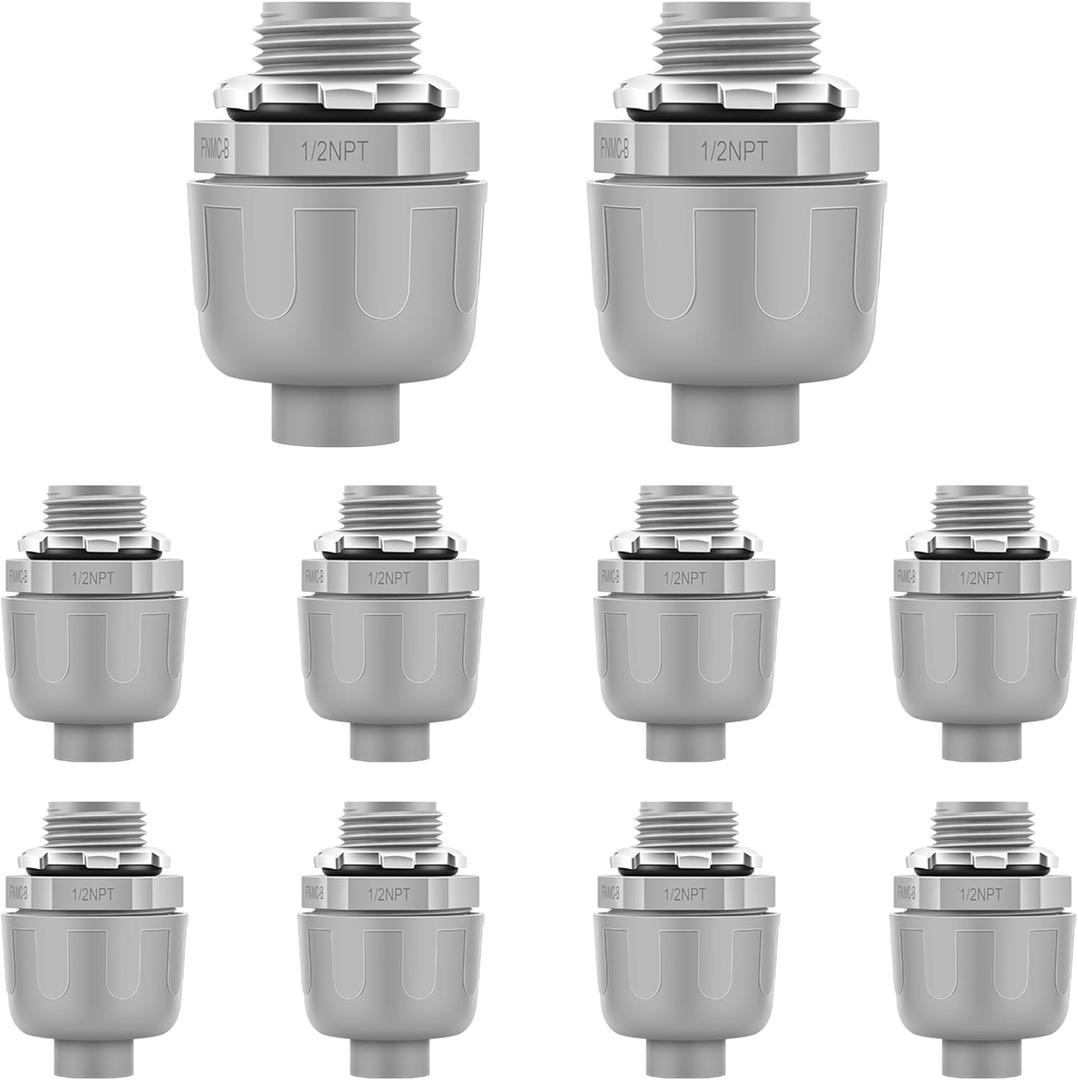 10 PCS 1/2" Liquid Tight Connector NPT Non-Metallic for PVC Electrical Flexible Conduit Fittings - Sturdy, Quick Installation, UL Listed for Home Outdoor Tubes Tools