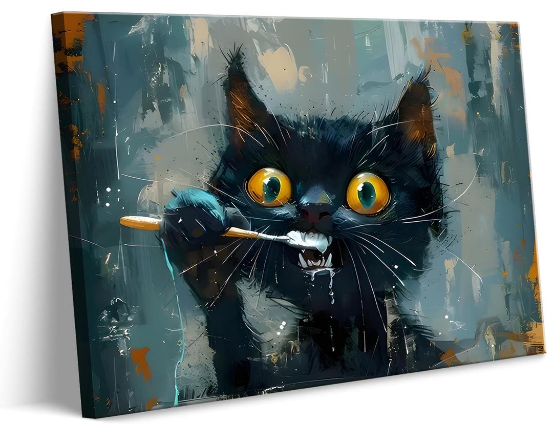 Funny Cat Brushing Teeth Canvas Wall Art Interesting Animal Bathroom Wall Decor Picture A Black Cat Brushing His Teeth Poster Print for Bathroom Washroom Laundry Room Toilet Restroom Home Decorations