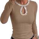 Women Long Sleeve Shirt Going Out Top Rhinestone Sequin Keyhole Neck Knit Ribbed Slim Casual T-Shirt (Beige, M)