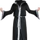 Men Wizard Robe with Hood Wizard Costume Black Cloak with Belt for Halloween Costumes (Small)
