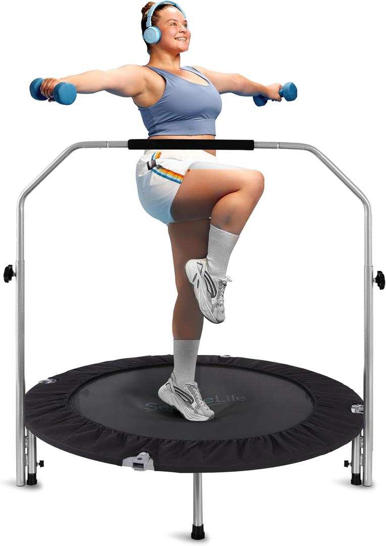 SereneLife 40" Foldable Mini Trampoline for Adults - Compact Fitness Rebounder with Adjustable Foam Handle, Exercise Trampoline with Max Load 330lbs, Indoor/Garden Whole-Body Workout