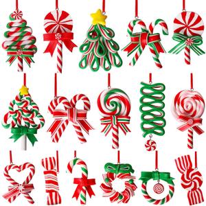AWHETIE 16 PCS Candy Cane Ornaments for Christmas Tree, Polymer Clay Candy Cane Christmas Decorations, Lollipop Ornaments for Xmas Tree Party Hanging Decor Holiday Decorations