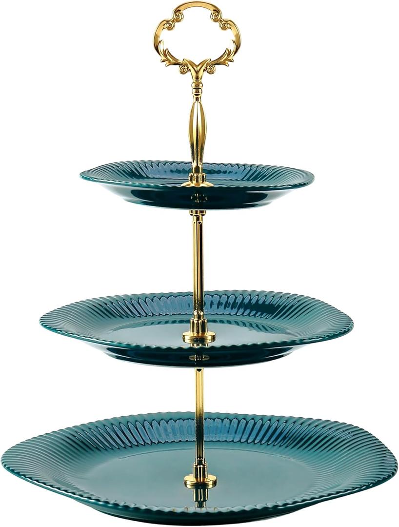 3 Tier Cupcake Stand Ceramic Cake Stand Wedding Dessert Tower, Tiered Serving Tray for Tea Party Afternoon Display Platter(Gold & Green)