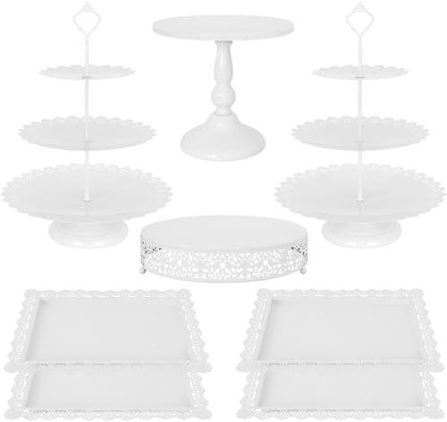 Fivenl 8 Pcs Cake Stand White Metal Dessert Table Display Set, 3-Tier Cupcake Stand, Cake Display Tower and Cookie Tray Rack Serving Tray for Birthday Party, Weddings, Baby Shower (White)
