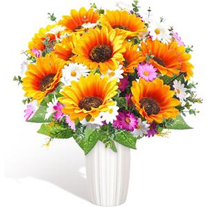 Giegxin 2 Bundles Memorial Day Sunflower Cemetery Flowers for Grave Vase Artificial Memorial Flower Bouquet 19.7Inch Fake Silk Floral Arrangement for Headstone Gravesite Outdoor (Sunflower Daisy)